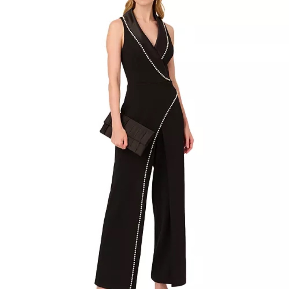 Adrianna Papell Black Sleeveless Wide-Leg Jumpsuit with Pearl Trim